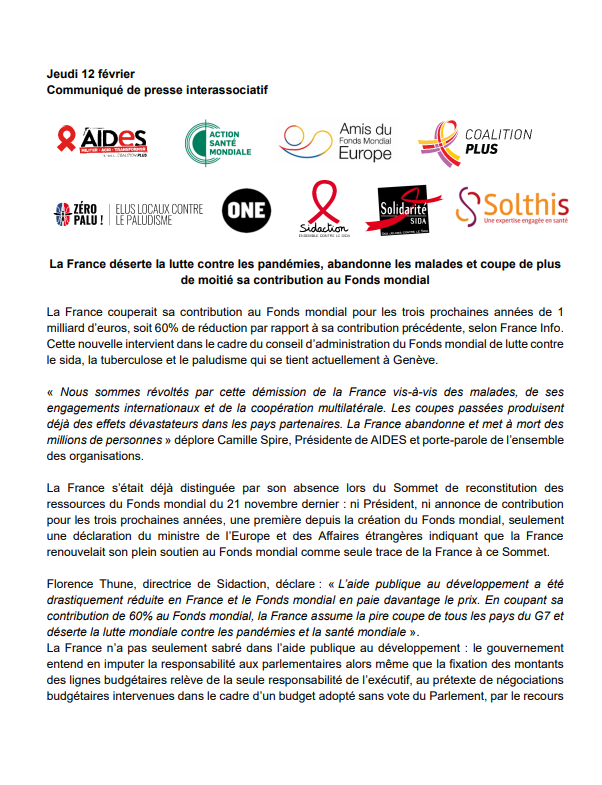 [Communiqué] La France déserte la lutte contre les pandémies, abandonne les malades et coupe de plus de moitié sa contribution au Fonds mondial